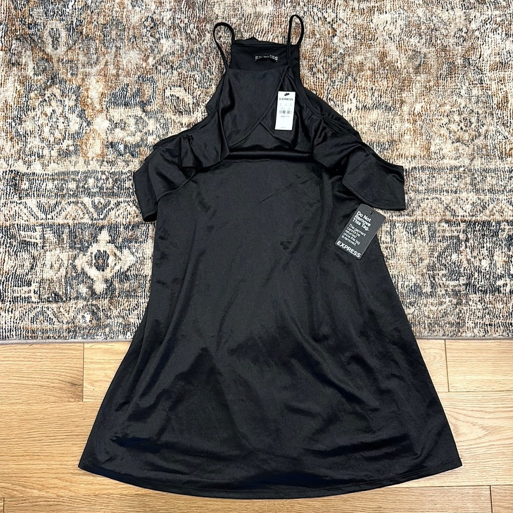 NWT LBD Express Satin Halter Ruffle Dress Black Size XXS - fully lined